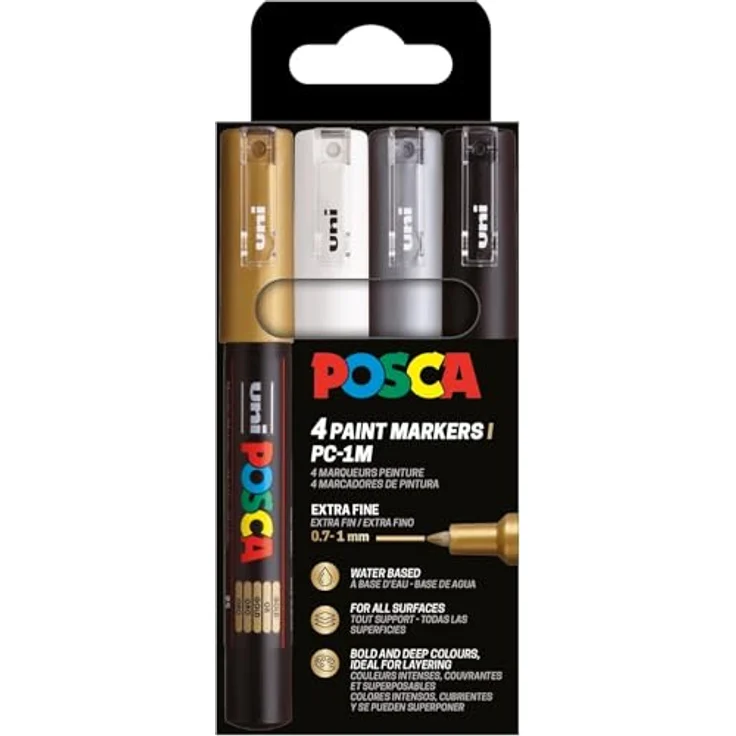 POSCA 186744, Marker Set mit 4 Acrylstiften PC-1MC, Permanent Marker 0,7 - 1 mm Rundspitze, Schwarz, Weiß, Gold, Silber – Bild 2