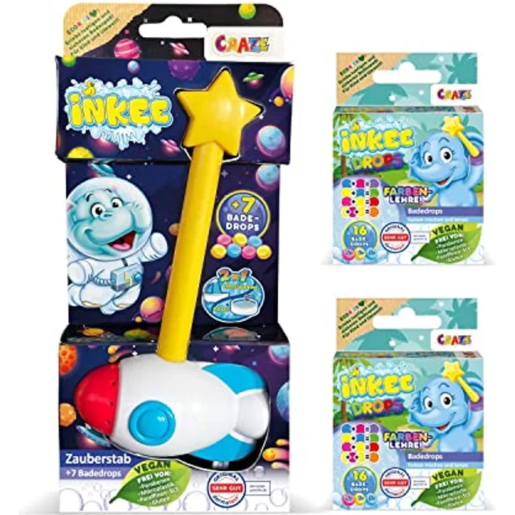 CRAZE INKEE WAND | Rocket-Zauberstab Set mit Badetropfen - Badewannen Spielzeug zum Farben Lernen , Badekugeln mit Badefarben , Erdbeer-Duft