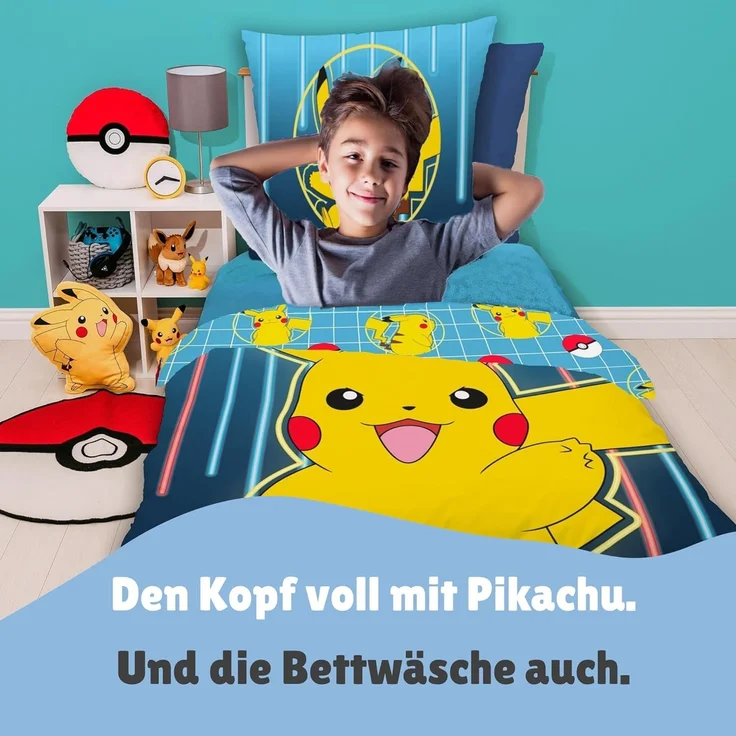 Pokemon Bettwäsche für Kinder mit Pikachu 135x200 80x80 cm Motiv Glow aus 100% Baumwolle – Bild 2