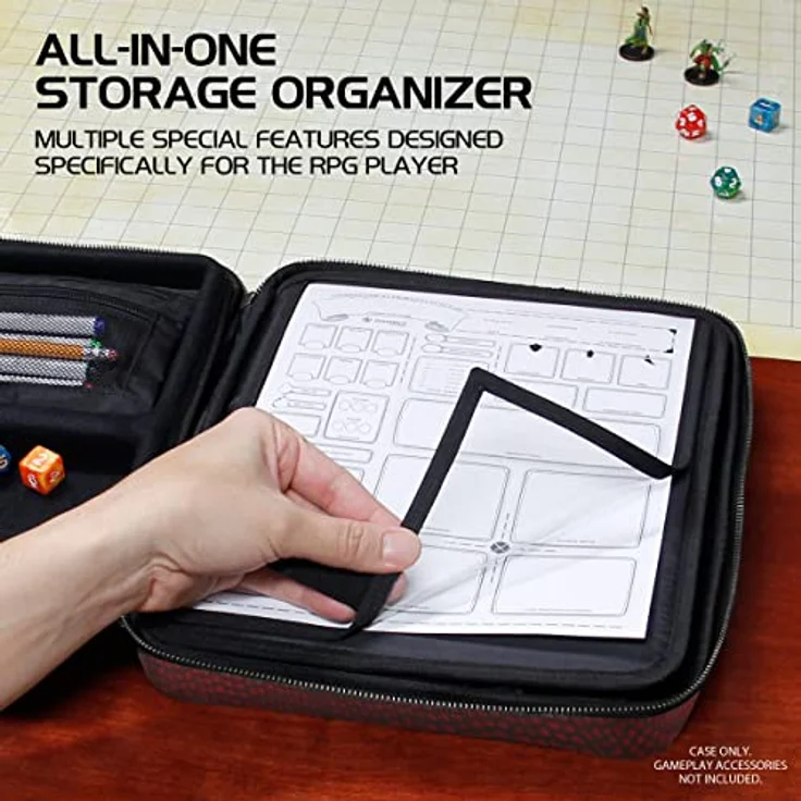 ENHANCE RPG-Organizer-Etui, Sammleredition – DND-Ordner mit integriertem Charakterbogenhalter, Würfelrollbereich, Stifttasche, Miniatur-Schaumstoffablage (Drachen Rot) – Bild 2
