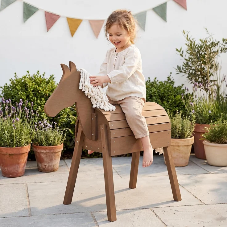 roba Outdoorspielpferd - Voltigierpferd - Gartenpferd mit Mähne und Schweif - Massivholz - Teak-Optik – Bild 3