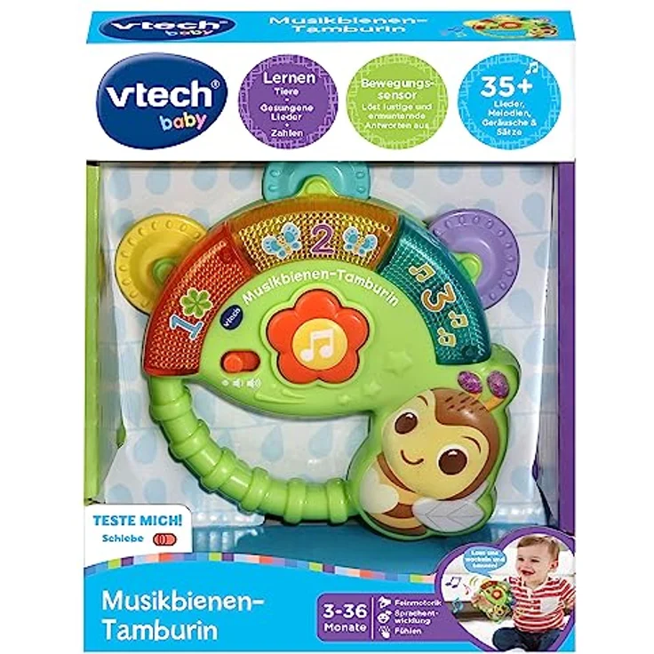 VTech Baby Musikbienen-Tamburin – Musik-Spielzeug mit Zahleninhalten, lustigen Geräuschen, Sätzen und Liedern – Für Kinder von 3-36 Monaten – Bild 5