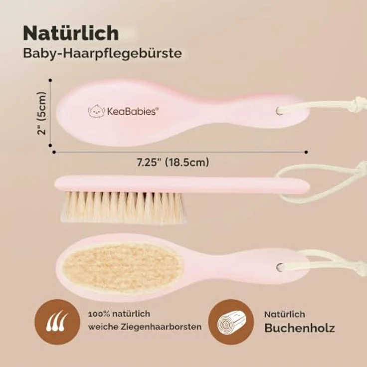 KeaBabies Baby Haarbürste Neugeborene, Holz Bürste mit weichen Ziegenhaaren, Milchschorf Pflege, Erstausstattung Babyzubehör (Blush, Oval) – Bild 2