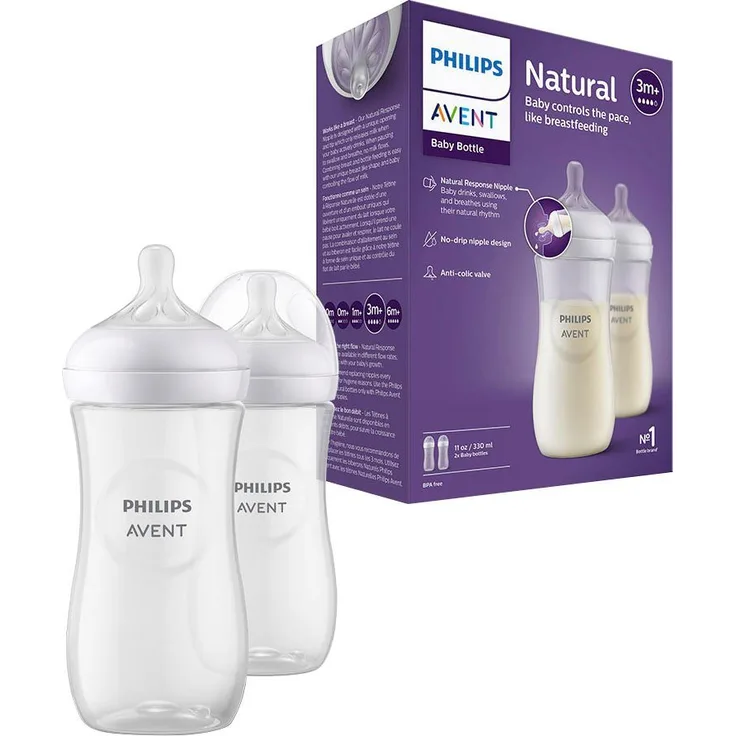 Philips AVENT Babyflasche Natural Response SCY906/02, 2 Stück, 330ml, ab dem 3. Monat, brustähnliches Design, Anti-colic-Ventil, tropfsicher