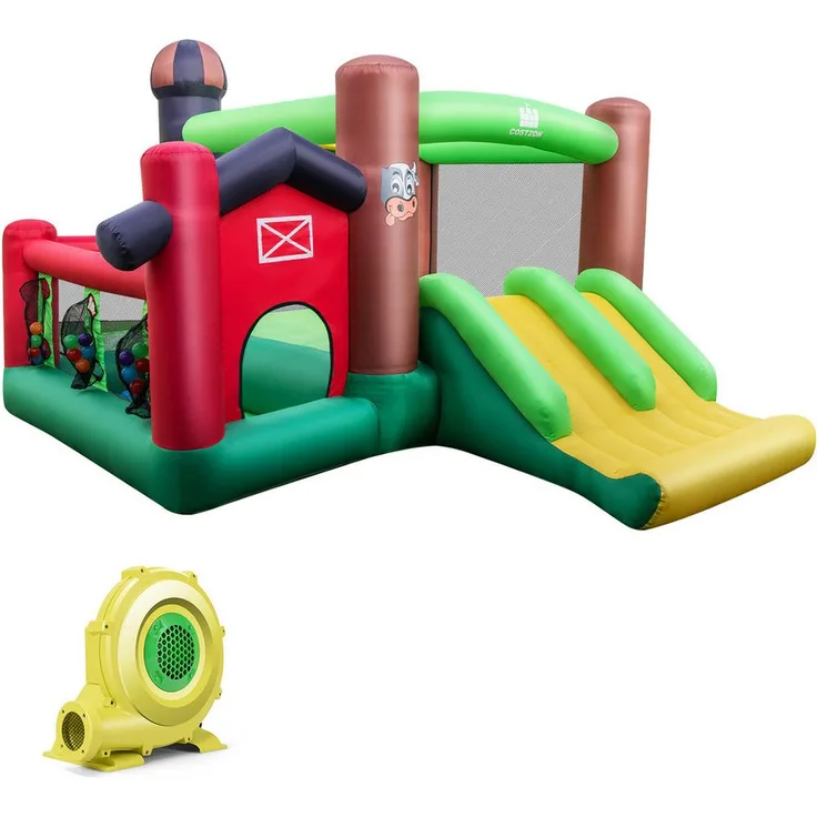 COSTWAY Hüpfburg aufblasbares 6-in-1-Hüpfschloss Spielburg, (2-tlg) in Oxford-Gewebe/PVC, wasserdicht und abriebfest