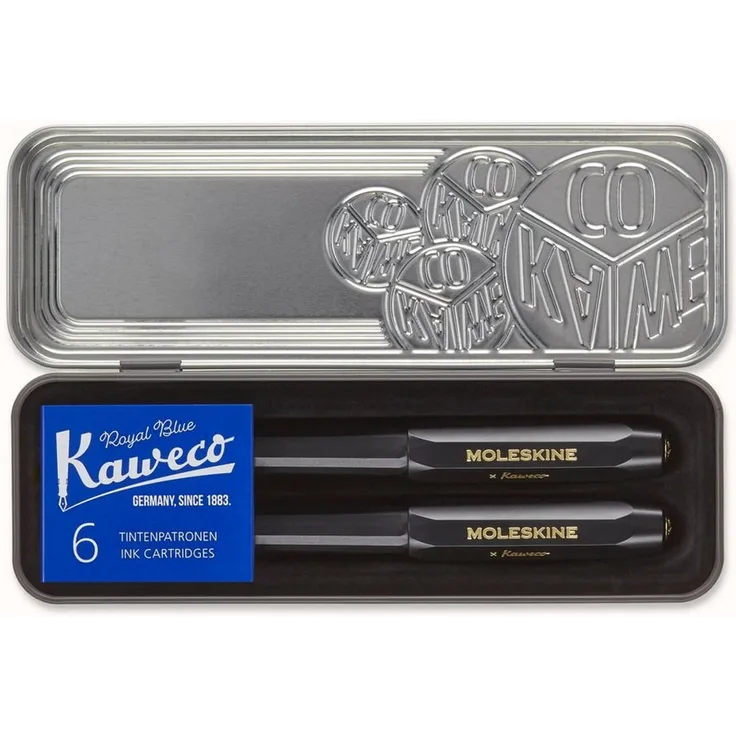 MOLESKINE Füllfederhalter Moleskine X Kaweco Stifte-Set, Füller mitt. Feder & Kugelschreiber, blau, vergoldete Feder & nachfüllbarer Kugelschreiber, 6 Tintenpatronen & Vintage-Etui aus Metall