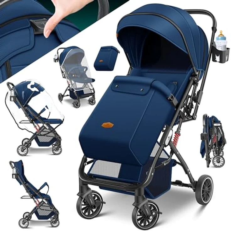 Kidiz Kinderbuggy 360° Räder Liegebuggy mit Fußsack, Getränkehalter, Regenabdeckung & Moskitonetz - verstellbare Rückenlehne & Sonnenverdeck – Bild 1