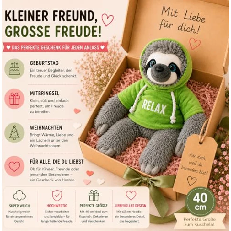 SOMA Faultier Kuscheltier 40 cm, grünes Plüsch Faultier mit Relax Hoodie, weiches Kawaii Plushie für Kinder – Bild 7