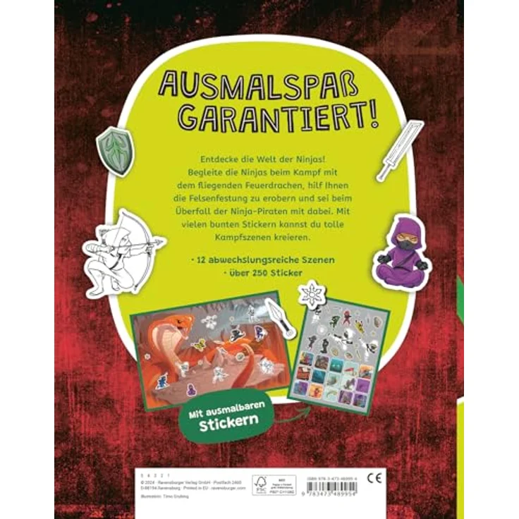 Ravensburger Verlag GmbH Sticker Mein Ausmalstickerbuch - Ninjas, über 250 ausmalbare Ninja-Sticker, 12 abwechslungsreiche Szenen – Bild 2