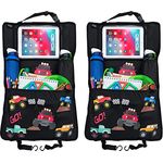 HECKBO 2x Kinder Autositz Rückenlehnschutz Organizer Monster Truck - Verstellbare Tablet Tasche, 70x45cm, Mit Getränkehalter und Aufbewahrungsnetz