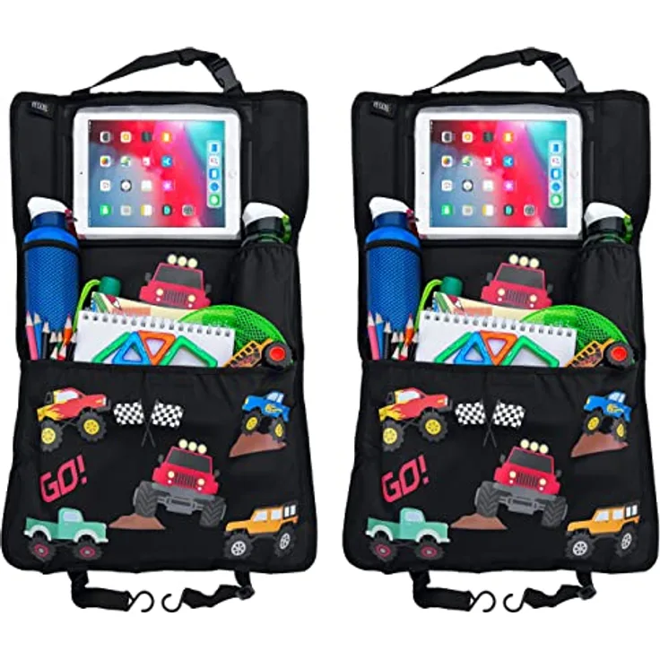 HECKBO 2x Kinder Autositz Rückenlehnschutz Organizer Monster Truck - Verstellbare Tablet Tasche, 70x45cm, Mit Getränkehalter und Aufbewahrungsnetz
