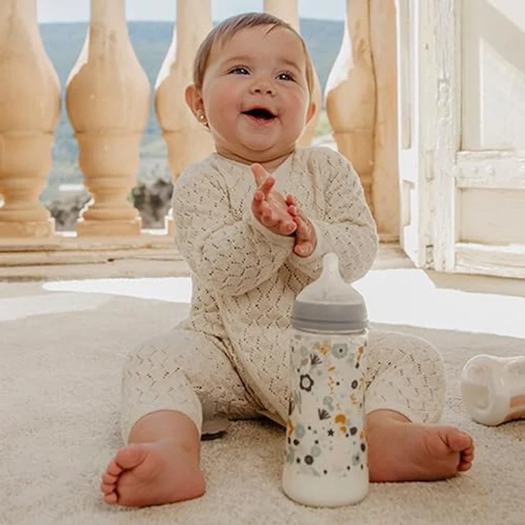 Suavinex Babyflasche 360 ml, mit physiologischem SX Pro Silikon-Sauger und Antikolik-Ventil, für Babys ab 6 Monaten, dickflüssiger Fluss-Sauger (L), Wonderland Blumen, Blau – Bild 2