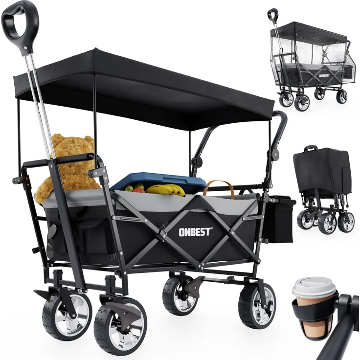 ONBEST Faltbarer Bollerwagen mit Dach, Schwarz, robustes Stahlgestell, integrierte Kühltasche, geländegängige Räder