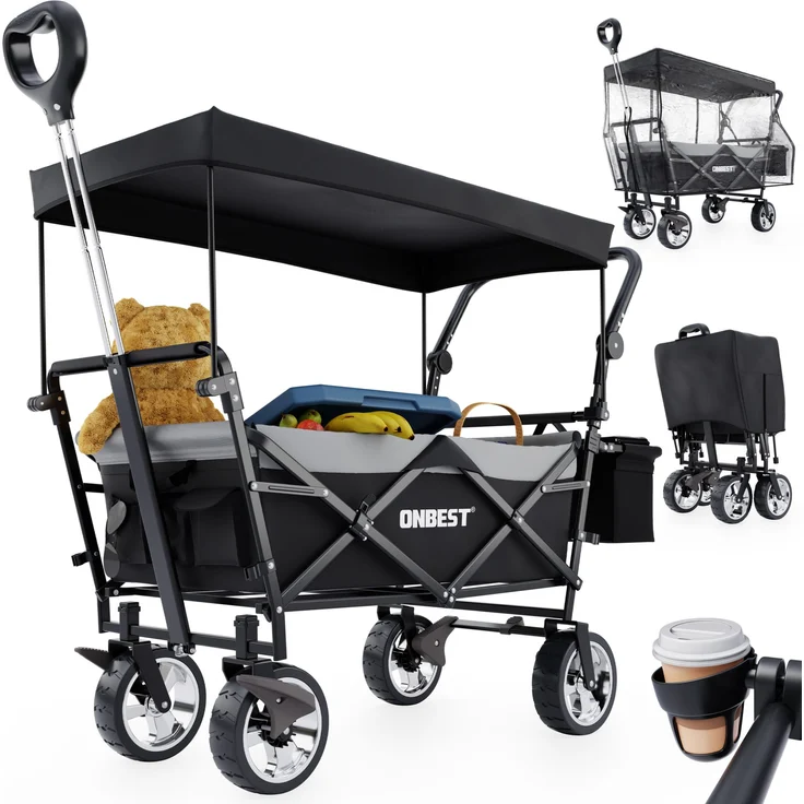 ONBEST Faltbarer Bollerwagen mit Dach, Schwarz, robustes Stahlgestell, integrierte Kühltasche, geländegängige Räder