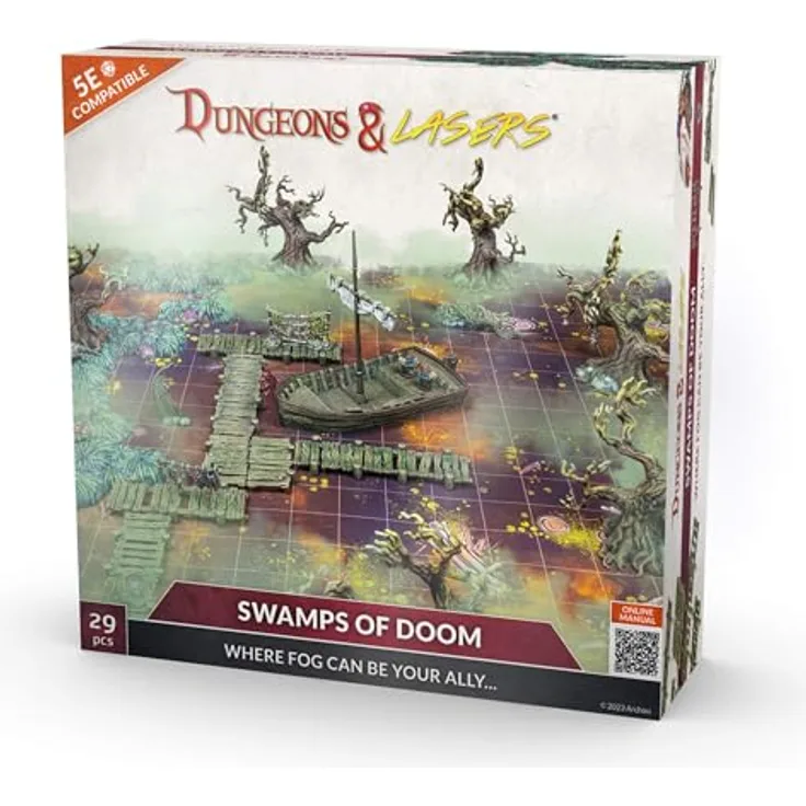 Archon Studio Dungeons & Lasers Swamps of Doom, 29-teiliges D&D Starter-Set mit Spielmatte und Miniatur-Geländeelementen, unlackiert und unmontiert, ab 14 Jahren