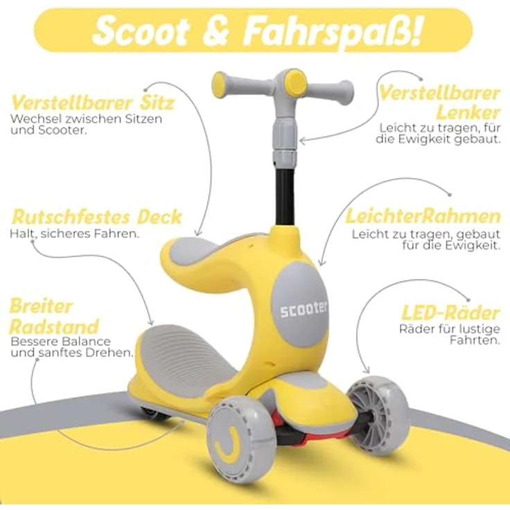 Habib Gruppe 3-in-1 Kinderroller Dreirad mit Sitz, höhenverstellbar und faltbar, LED Räder, sicher und robust, ideal für Jungen & Mädchen von 2 bis 10 Jahren - Gelb – Bild 4