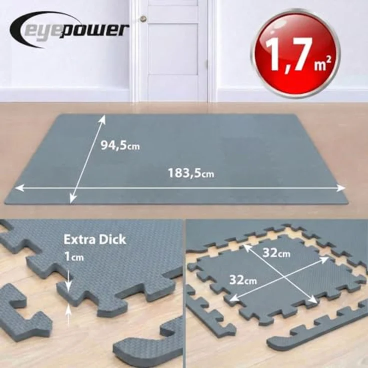 eyepower Puzzlematte XL - 1,6 m² Trainingsmatte mit Rand, 18-tlg. EVA Bodenschutzmatte für Sport und Gymnastik, 30 x 30 x 1 cm, schalldämmend und stoßfest, schwarz – Bild 8