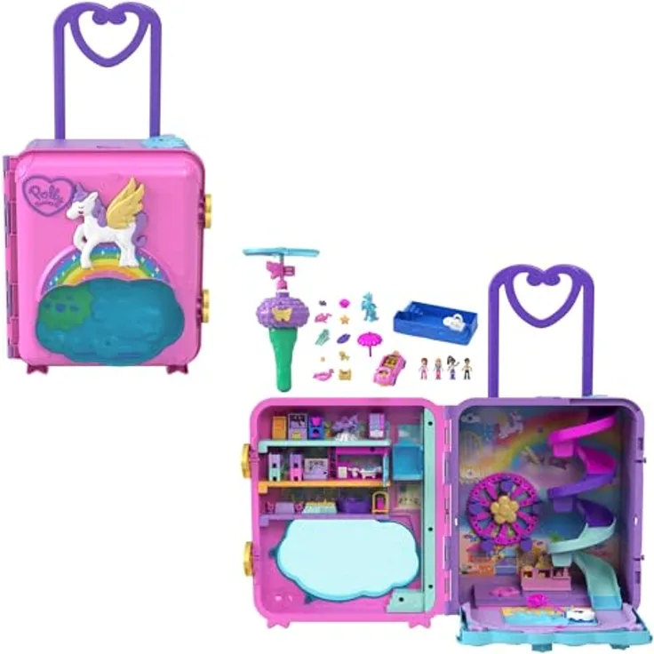 POLLY POCKET Pollyville Urlaub im Rollkoffer - 4 Puppen, 1 Fahrzeug, 25+ Zubehörteile, Strand, Promenade, dreistöckiges Hotel mit Helikopter, für Kinder ab 4 Jahren, HKV43