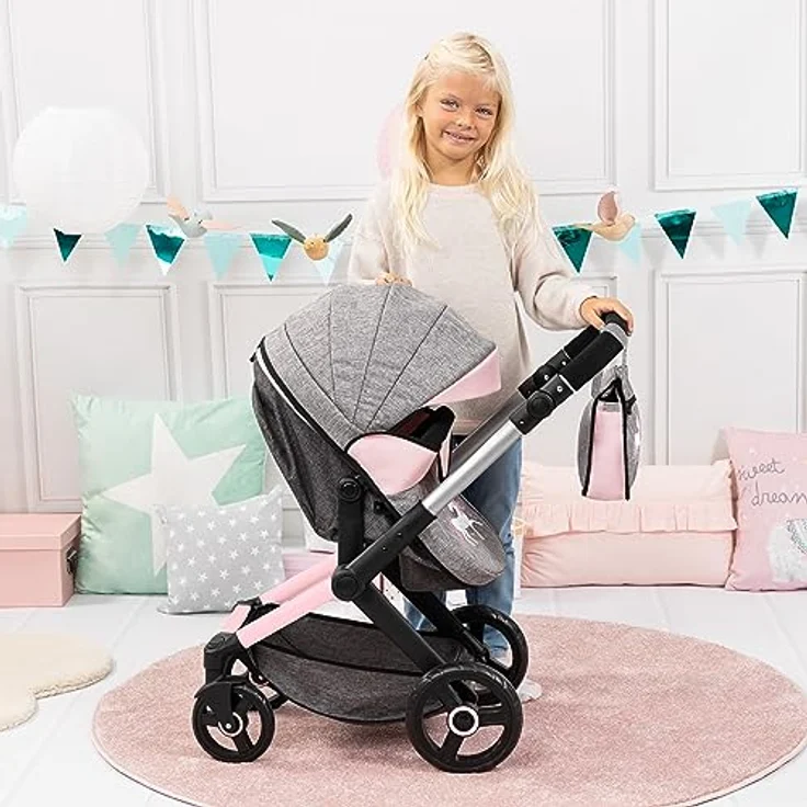 Bayer Xeo Puppenwagen, grau-rosa mit praktischen Zubehörteilen für Kinder ab 3 Jahren – Bild 6