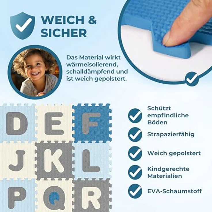 Spielwerk® 86-teilige Puzzlematte Baby Kinder 3,3m² Spielmatte Bodenschutzmatte Krabbelmatte Buchstaben Zahlen ABC Lernteppich XXL Schaumstoff Blau – Bild 3
