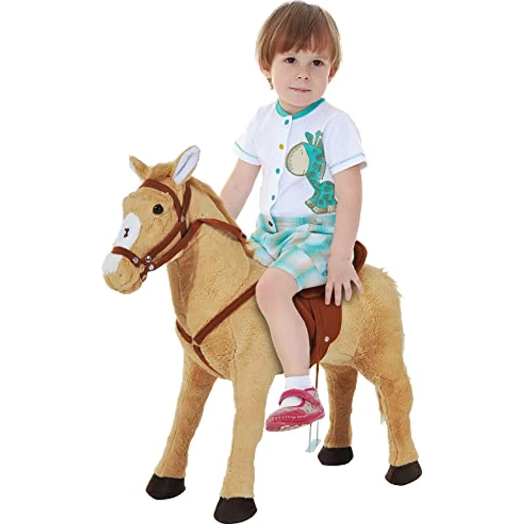 HOMCOM Plüsch Reitpferd für Kinder, Stehpferd mit Sound, Spielpferd für drinnen und draußen, 85 x 28 x 60 cm, Beige – Bild 1