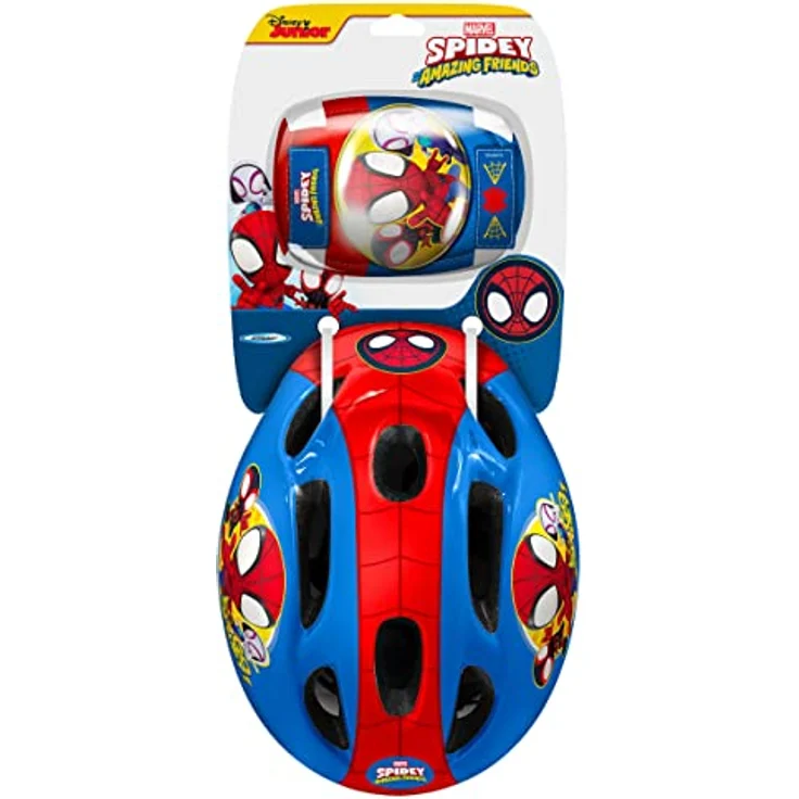 STAMP Jungen Fahrradhelm + Ellenbogen- und Knieschützer Set Spidey, Blau/Rot, Größe S, verstellbar – Bild 2