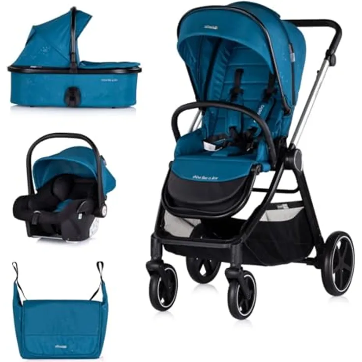 Chipolino Kombikinderwagen 3 in1 Marbella blau, mit Fußabdeckung und i-Size Babyschale