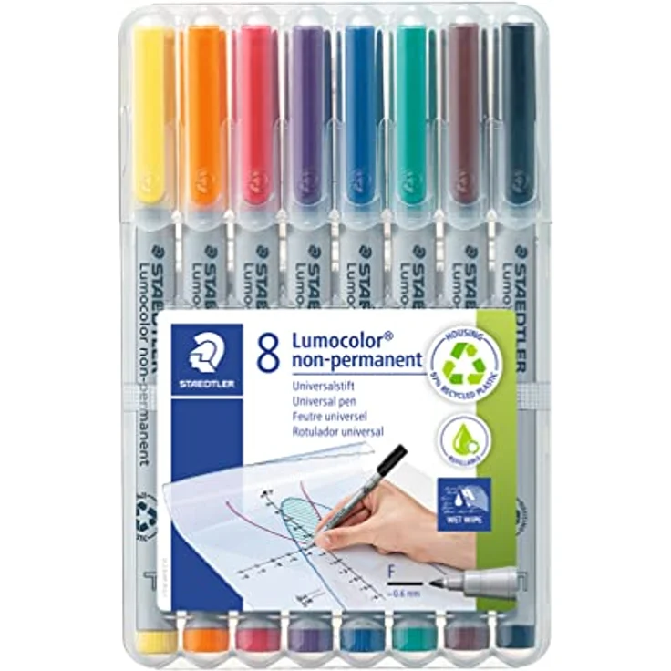 STAEDTLER Folienstift Lumocolor, non-permanent, wasserlöslich, F-Spitze mit Linienbreite ca. 0.6 mm, hohe Qualität, recyceltes Plastik, Set mit 8 Farben in STAEDTLER-Box, 316 WP8, Grau – Bild 1