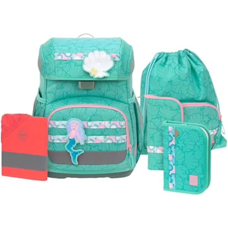 LÄSSIG Schulranzen Set Light Unique, 7-teilig, mit Regenhülle, großem Hauptfach, türkis Seashell
