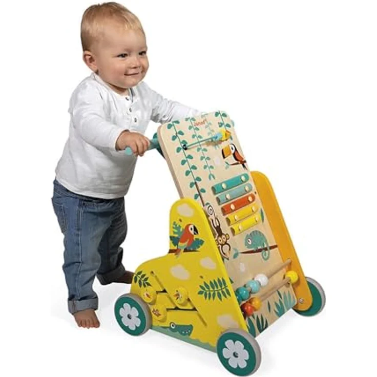 Janod - Multi-Aktivitätswagen Tropik - Laufwagen aus Holz - Lernspielzeug mit 6 Aktivitäten - Leise Räder und Feststellschraube - FSC-zertifiziert - Wasserfarbe - Ab 1 Jahr, J08269 – Bild 7
