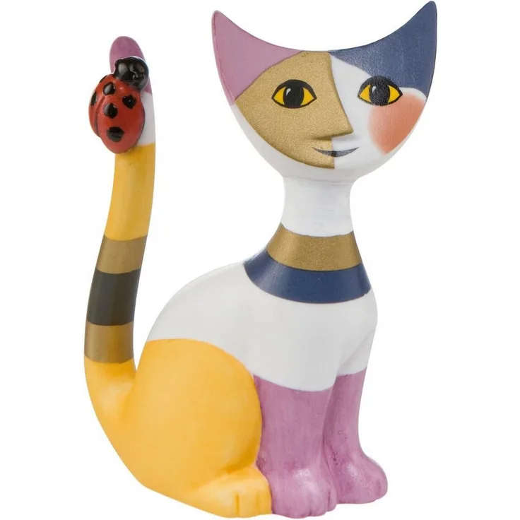 Goebel Rosina Wachtmeister "Piccola coccinella", Biskuitporzellan Sammelfigur Katze mit bunten Farben und Marienkäfer-Dekor
