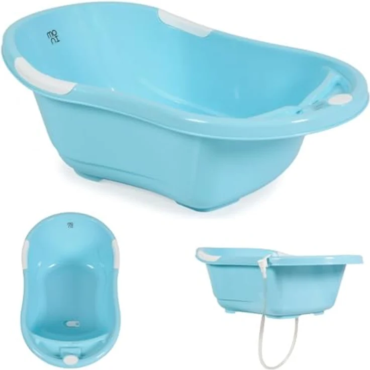 Moni Babybadewanne Lilly platzsparend mit Wasserablauf, Ablagefächer für Zubehör, blau – Bild 2