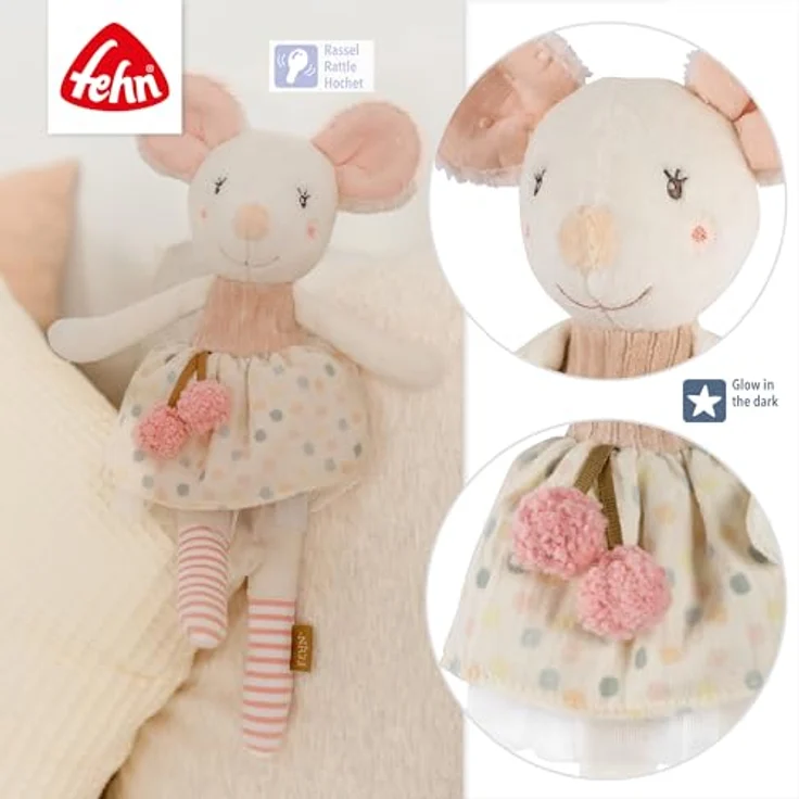 Fehn Kuscheltier feehnLAND, Bean Bag Maus mit Granulat-Füllung, Glow-in-the-dark Bestickung, ab 0+ Monaten, rosa – Bild 6