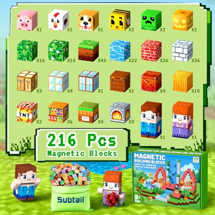 Subtail Magnetische Bausteine 216 Teile, Pädagogisches Magnetspielzeug für Kinder ab 3 Jahren, inklusive Aufbewahrungstasche, fördert Kreativität und STEM-Lernen – Bild 5