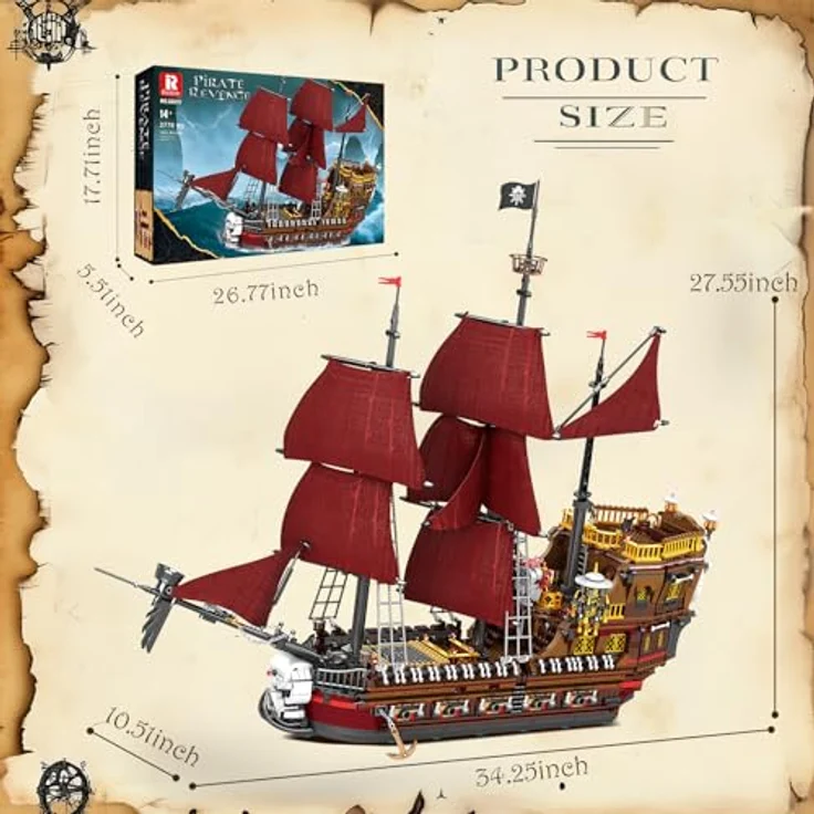 Reobrix Queen Anne's Revenge Piratenschiff-Bausatz 66010, 3066 Teile, rot, mit beweglichen Teilen und detaillierter Dekoration, Heimdekoration und MINT-Bauspielzeug für Jugendliche und Erwachsene – Bild 5
