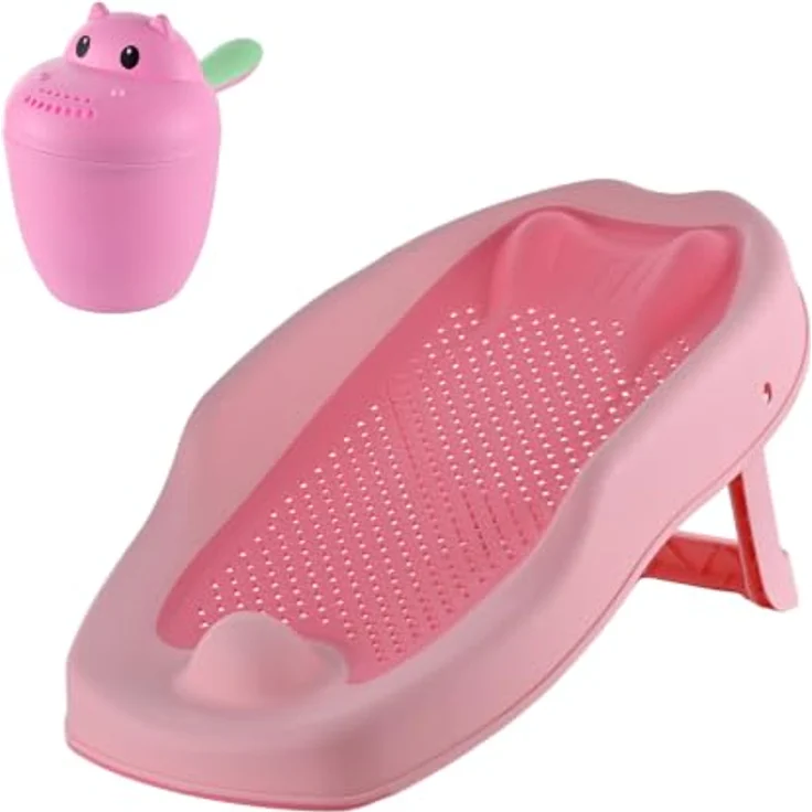Relaxdays Baby-Badehilfe Set, tränenfreies Haarewaschen mit rutschfester Badestütze, rosa – Bild 1