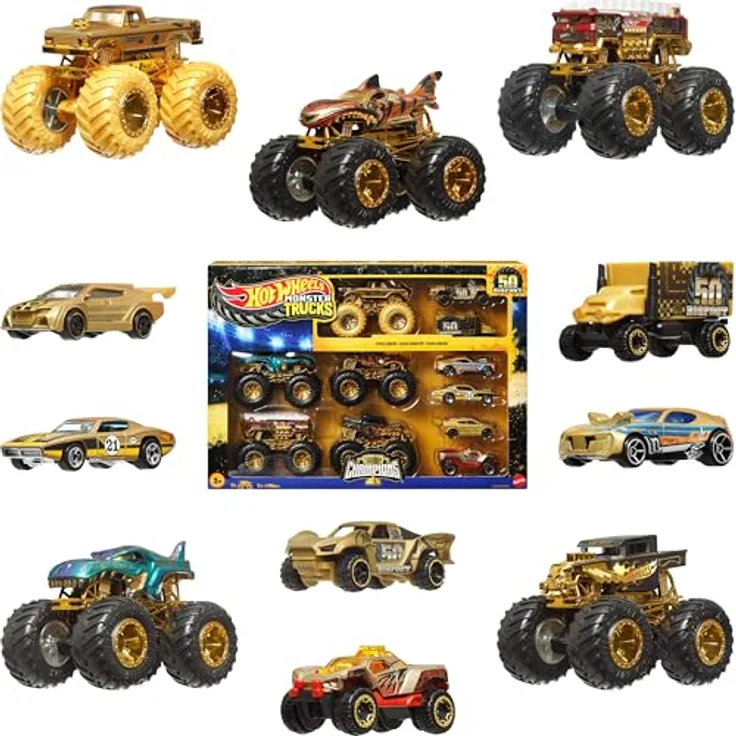 Hot Wheels Monster Trucks Trophy Champions Collection, Spielzeugautos mit Die-Cast-Bigfoot in goldfarben, 5-Alarm, Bone Shaker, Mega-Wrex und Tiger Shark, 11-teiliges Set, JDW07