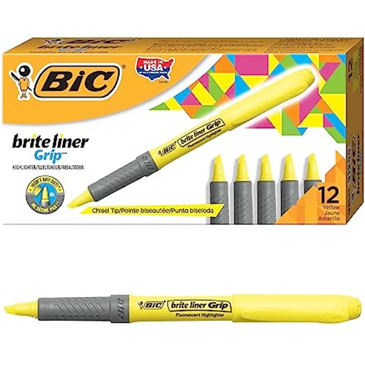 BIC Highlighter Grip, Textmarker in Gelb, mit abgeschrägter Spitze, mit Austrocknungsschutz, 12er Pack