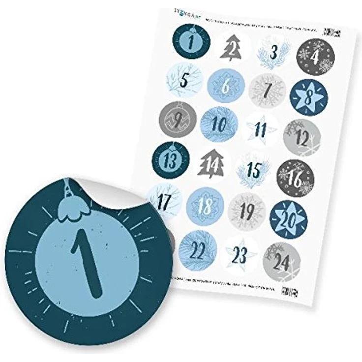 itenga Zahlensticker Z16 Adventskalenderzahlen 1-24 Klassisch / Blautöne, selbstklebend, 4cm Durchmesser, Basteln und Dekorieren – Bild 1