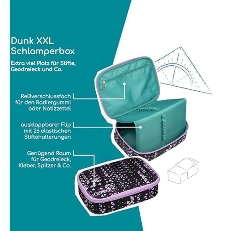 neoxx Schlamperbox Dunk Purple Crush, Federmäppchen mit Platz für 1 Geodreieck und 26 Stifteschlaufen, ca. 23,5 x 17 x 6,5 cm, aus recycelten PET-Flaschen – Bild 2