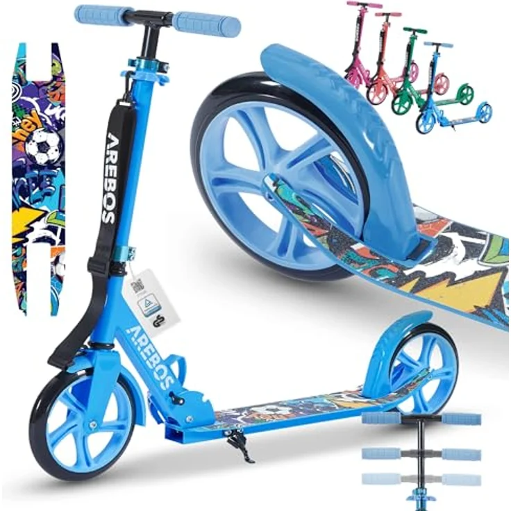 Arebos Tretroller klappbar, höhenverstellbar 78–93 cm, für Kinder ab 6 Jahren, bis 100 kg, blau, mit 200 mm Rädern und Seitenständer – Bild 1