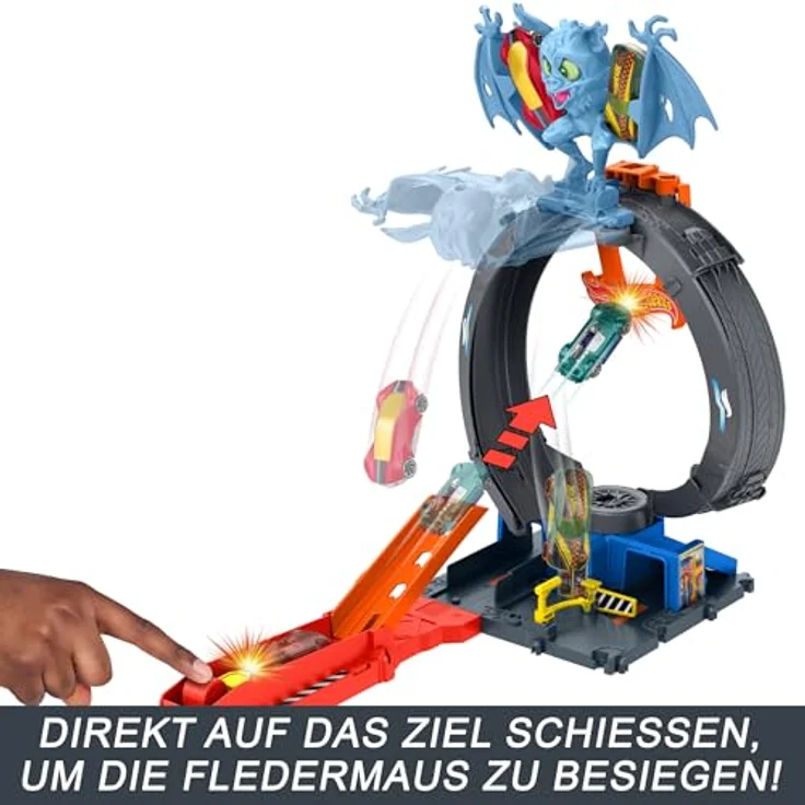 Hot Wheels City Nemesis Bat vs Tire Shop, Rennbahn-Set mit Looping und 1:64 Fahrzeug, erweiterbar – Bild 3