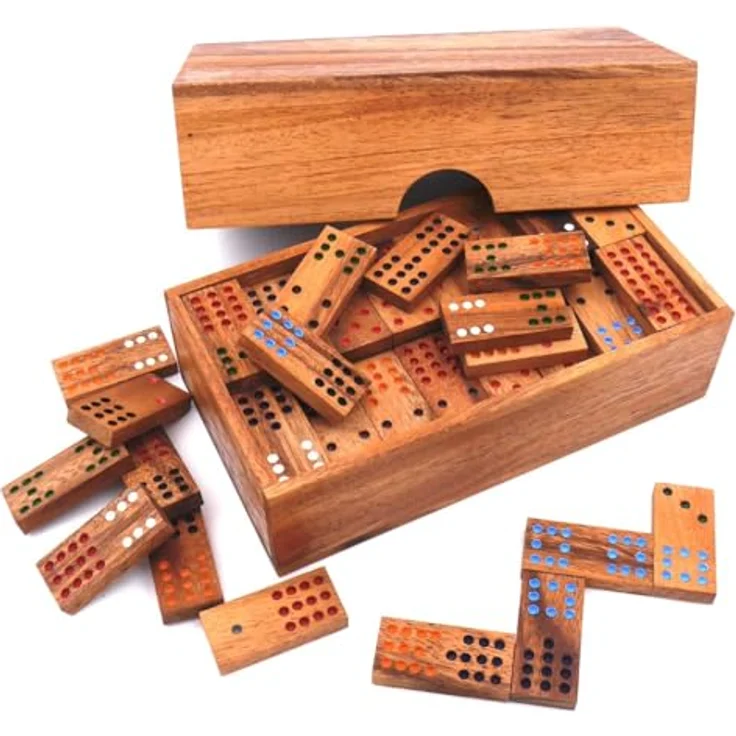 ROMBOL Domino Doppel 12, edles Holzdomino aus Samena-Holz mit Farbmulden für 2 bis 6 Personen, 98 Spielsteine – Bild 1