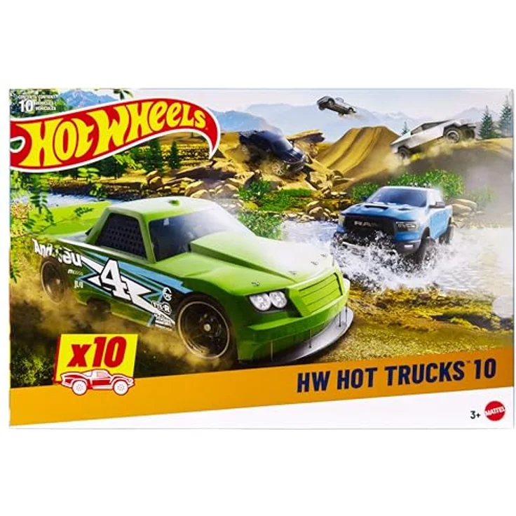 Hot Wheels Spielzeugtrucks 10er-Set, im Maßstab 1:64, Die-Cast Stunt, Utility und Racing-Fahrzeuge, moderne und retro Modelle, HYM97 – Bild 1