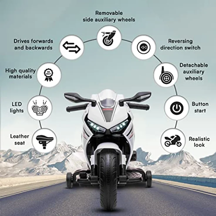 Beneo Kinder-Elektromotorrad HONDA CBR 1000RR, lizenziert, 12V-Batterie, Kunstledersitz, Kunststoffräder, 30W-Motor, LED-Beleuchtung, solider Rahmen, Hilfsräder, weiß – Bild 7
