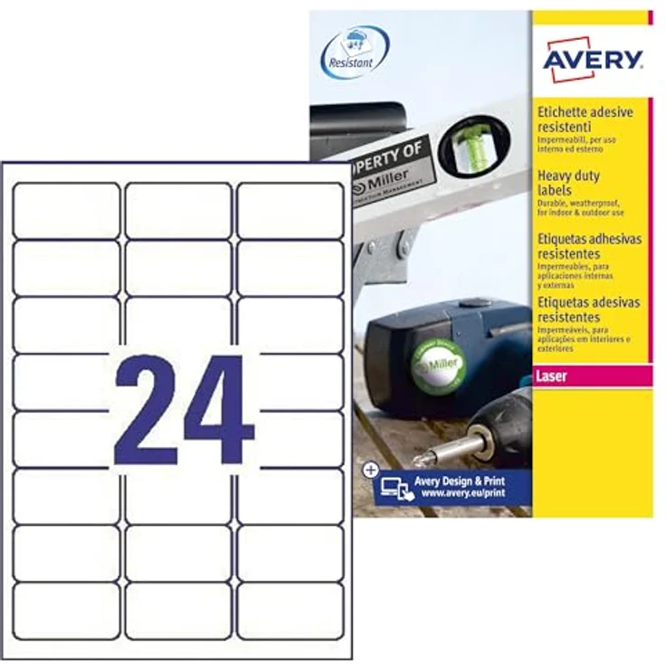 AVERY Zweckform L4773-100, wetterfeste Folienetiketten, weiß, 2400 Stück, 63,5 x 33,9 mm, bedruckbar, reißfest, selbstklebend – Bild 1