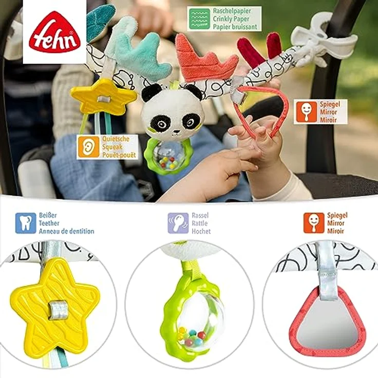 Fehn Kinderwagenkette DoBabyDoo, Panda - Baby Mobile Kette mit Quietsche, Ballrassel, Raschelpapier & Spiegel, zur Förderung der Hand-Auge-Koordination, bunt – Bild 3