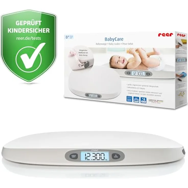 reer BabyCare Babywaage, Ergonomische Wiegeschale für Neugeborene/Babys, 25kg Maximalgewicht, Integriertes Maßband, HOLD- und Tarierfunktion, Beleuchtetes LCD-Display, Präzision von 5g