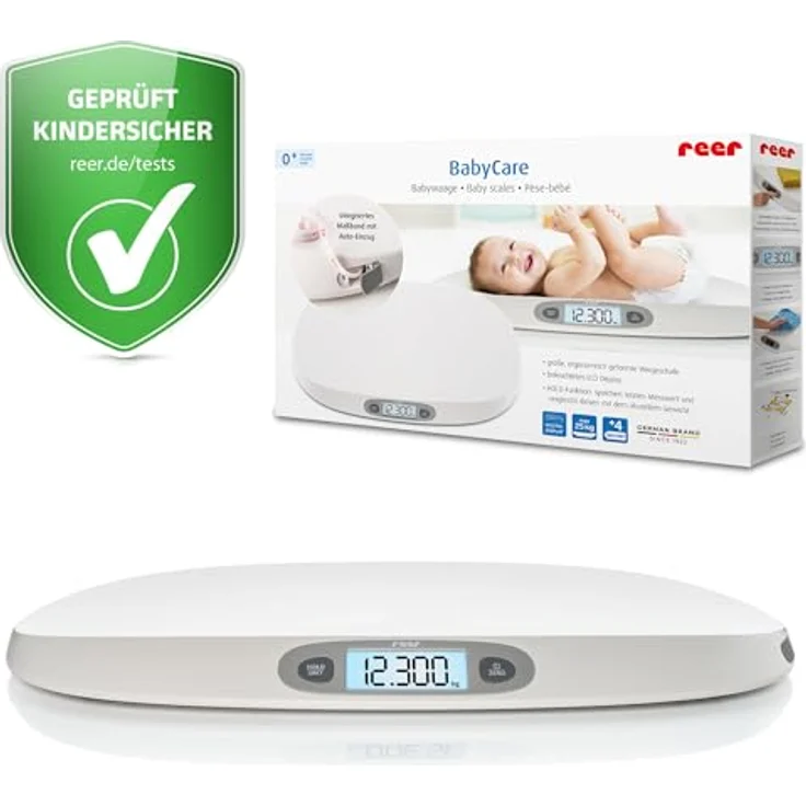 reer BabyCare Babywaage, Ergonomische Wiegeschale für Neugeborene/Babys, 25kg Maximalgewicht, Integriertes Maßband, HOLD- und Tarierfunktion, Beleuchtetes LCD-Display, Präzision von 5g – Bild 1