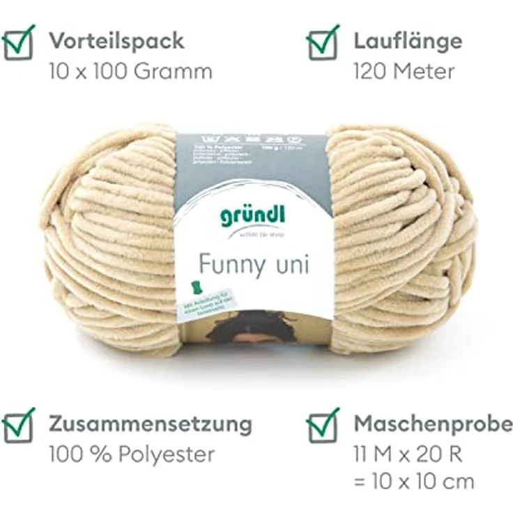Gründl Funny uni Strick- & Häkelgarn (samtartiges Chenille-Garn aus 100% Polyester, 100 g / 120 m, Nadelstärke: 5-6, 1 x 100 g), Beige – Bild 2
